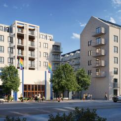 Genom att låta gaveln från Hedbergs Bil bli en del av den nya fasaden tar MKB med sig lite av historien in i framtiden.  Illustration: PE Teknik & Arkitektur AB