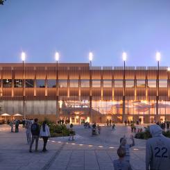 Kungsbackas Arena i kvällsljus. Bild: Semrén & Månsson arkitekter AB