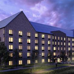 Södra Stadsskogen i Strängnäs får nytt äldreboende. Visionsbild: Odalen
