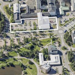 Preliminär avgränsning av planområdet med befintlig byggnad markerad.