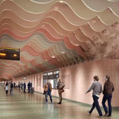 Plattformen är stationens innersta rum och kallas Snäckan. Bilden är ett utformningsförslag som kan komma att justeras. Foto: TMRW.Rundquist.Hagastaden.Runway