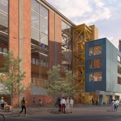 Grönt ljus för förnyelse: Livsmedelsbutik, kontor och parkeringshus integreras i Svets- och pannverkstaden. Illustration: OpenStudio Arkitekter AB