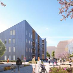 Vy över ÖrebroBostäders hus i den nya framväxande stadsdelen Tamarinden. Illustration: Sweco