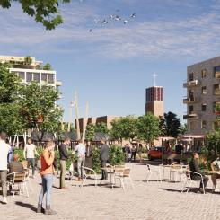 Illustration över torg och kyrkan från Svenshögsvägen. Pressbild: Lunds kommun