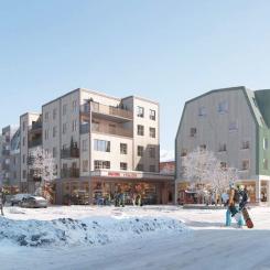 Torghusen vid Väsjö torg i Sollentuna. Pressbild: Hanssons Hus Entreprenad