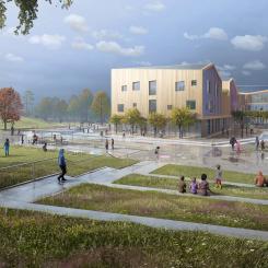 På Torslandaskolan gör man vatten till en resurs i leken såväl som i den pedagogiska verksamheten. Illlustration: LINK Arkitektur