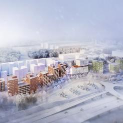 Visionsbild nya studentbostäder på Campus Flemingsberg (bild: Towatt Architects & Planners)