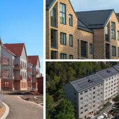 Byggprojekten som går till final i Årets bästa nyproduktion 2022: Halmstads Fastighets AB (Lyngåkra - till vänster i bild), Ängelholmshem (Saftstationen, överst till höger) och Stockholmshem (Rågsved, nederst till höger). Foto: Sveriges Allmännytta