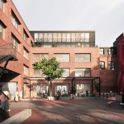 Det anrika kvarteret Bilden på Möllevången i Malmö kompletteras med en ny byggnad för kreativa verksamheter. Illustration: FOJAB
