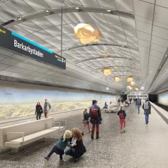 Visionsbild nya tunnelbanan - station Barkarbystaden. Konstnär Helena Byström. White Arkitekter