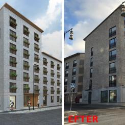 Visionsbilden före (Murman Arkitekter) och efter justeringarna (Liljewall Arkitekter). Till höger det flerbostadshus som nu står vid korsningen Optimusvägen/Finspångvägen. Foto: Upplands Väsby kommun