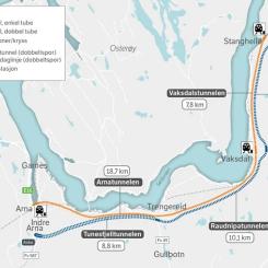 Karta som visar en översikt över hur E16 Vossebanen och Arna-Stanghelle kommer att se ut med den nya planerade lösningen. Norges Vegvesen