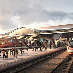 Zaha Hadid Architects (ZHA) design av en framtida ombyggd centralstation i Vilnius, Litauens huvudstad. Målet är att tillföra faciliteter för att betjäna Rail Baltica-tjänsten, som så småningom kommer att länka samman Litauen, Lettland och Estland med resten av EU. Illustration med tillstånd av ZHA