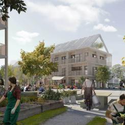 Visionsbild för hur ett energipositivt område kan se ut. Illustration: White Arkitekter