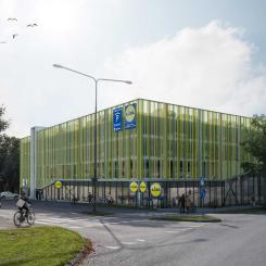 Visionsbild för parkeringshus och Lidl-butik i Borås. Pressbild: RO-Gruppen AB