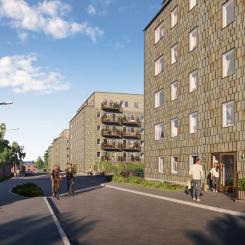 Visionsbild av Skandia Fastigheters punkthus i etapp 2 av utvecklingen av Kållered Centrum. Foto: Studio Ekberg