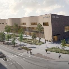 Den nya simhallen på Bäckaslövsområdet i Växjö. Illustration: Norconsult