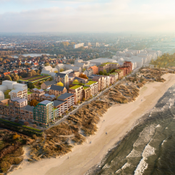 Mellan husen längs strandpromenaden och Östersjön kommer en 600 meter lång sandstrand att anläggas. Foto: Kanozi